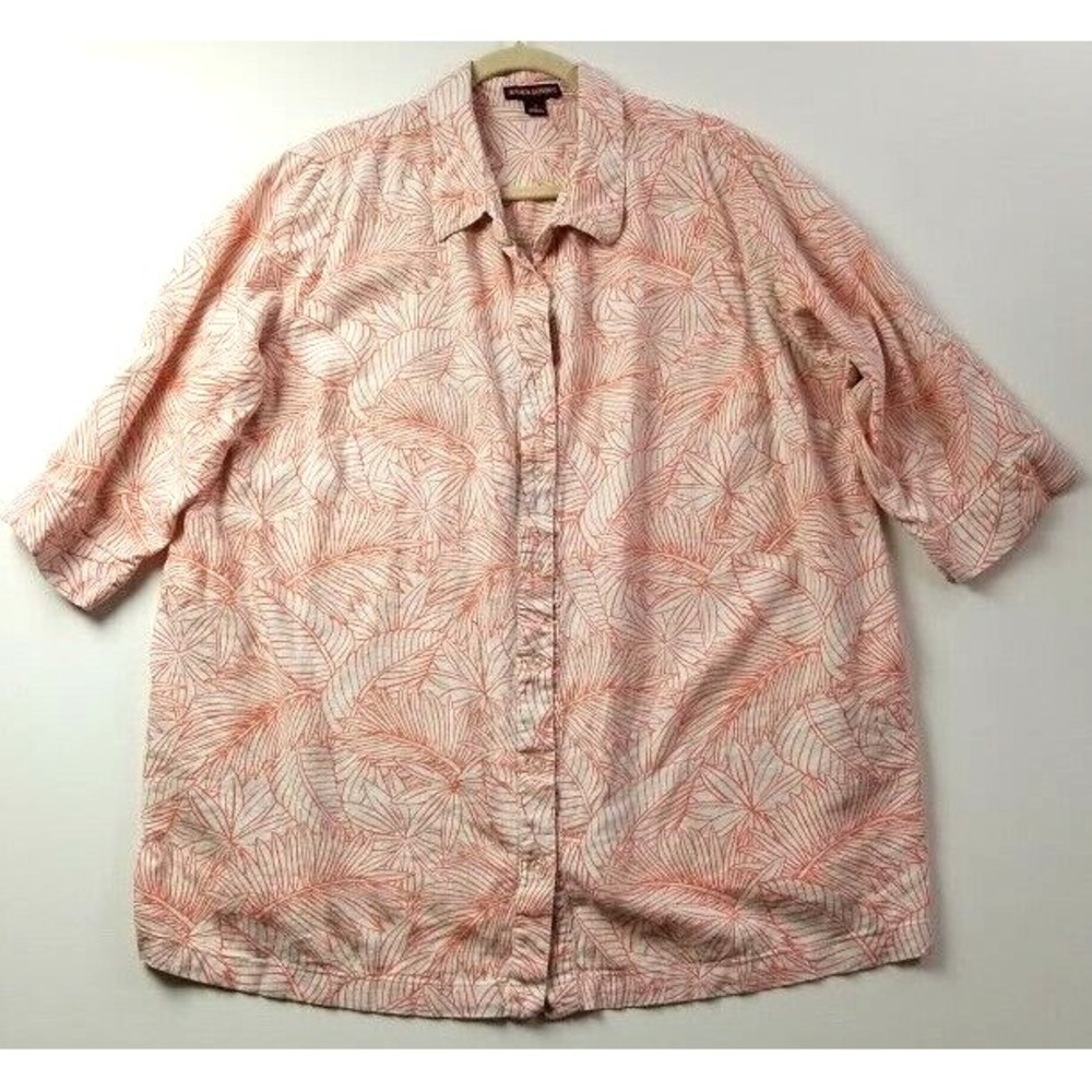 Jessica London Button Up Shirt Women's 22 Orange White Leaves Short Sleeves Top